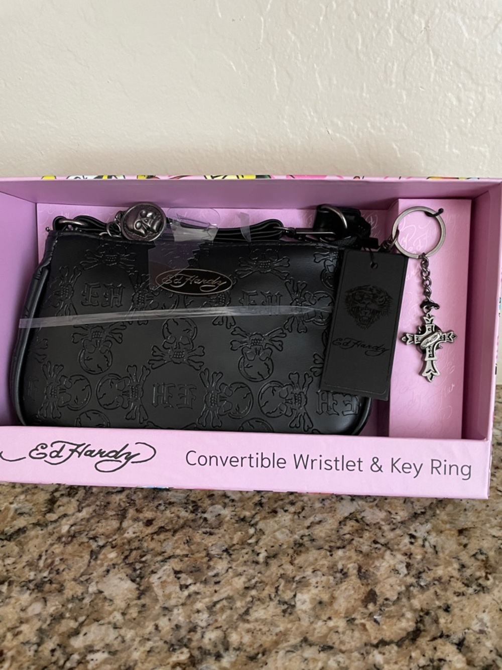 Ed Hardy Black Skull Convertible Wristlet & Key Ring